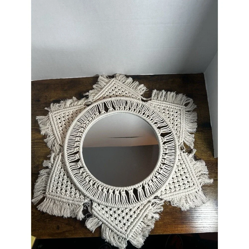 Boho Macrame Wall Mirror Round Fringe Woven Cotton Decor 20” Handmade Chic Home